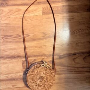 Brown Round Woven Crossbody Bag with Slim Strap